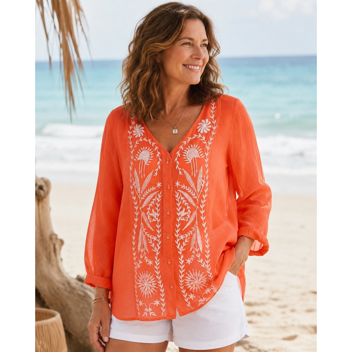 J. Jill Embroidered Blouse L Orange Rayon Boho Sheer Beachy Uncommon Threads
